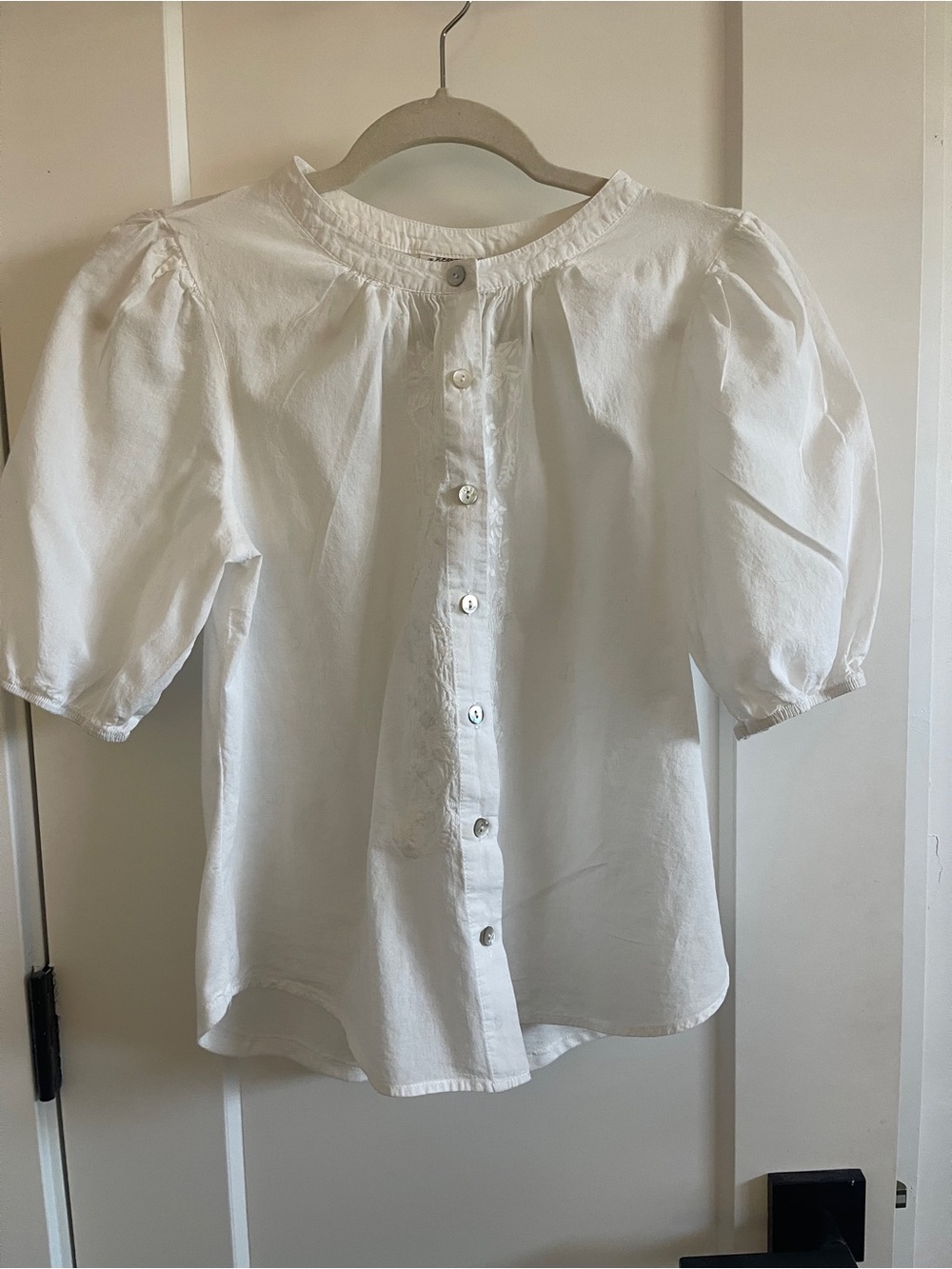 White Puff-Sleeve Button-Front Blouse